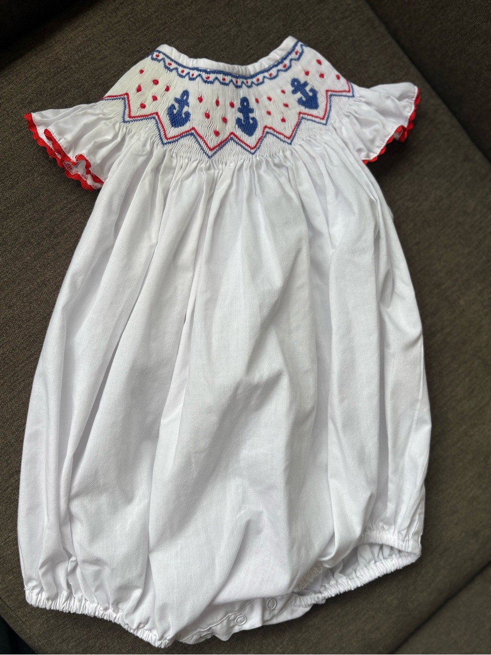 White Smocked Nautical Anchor Baby One-Piece